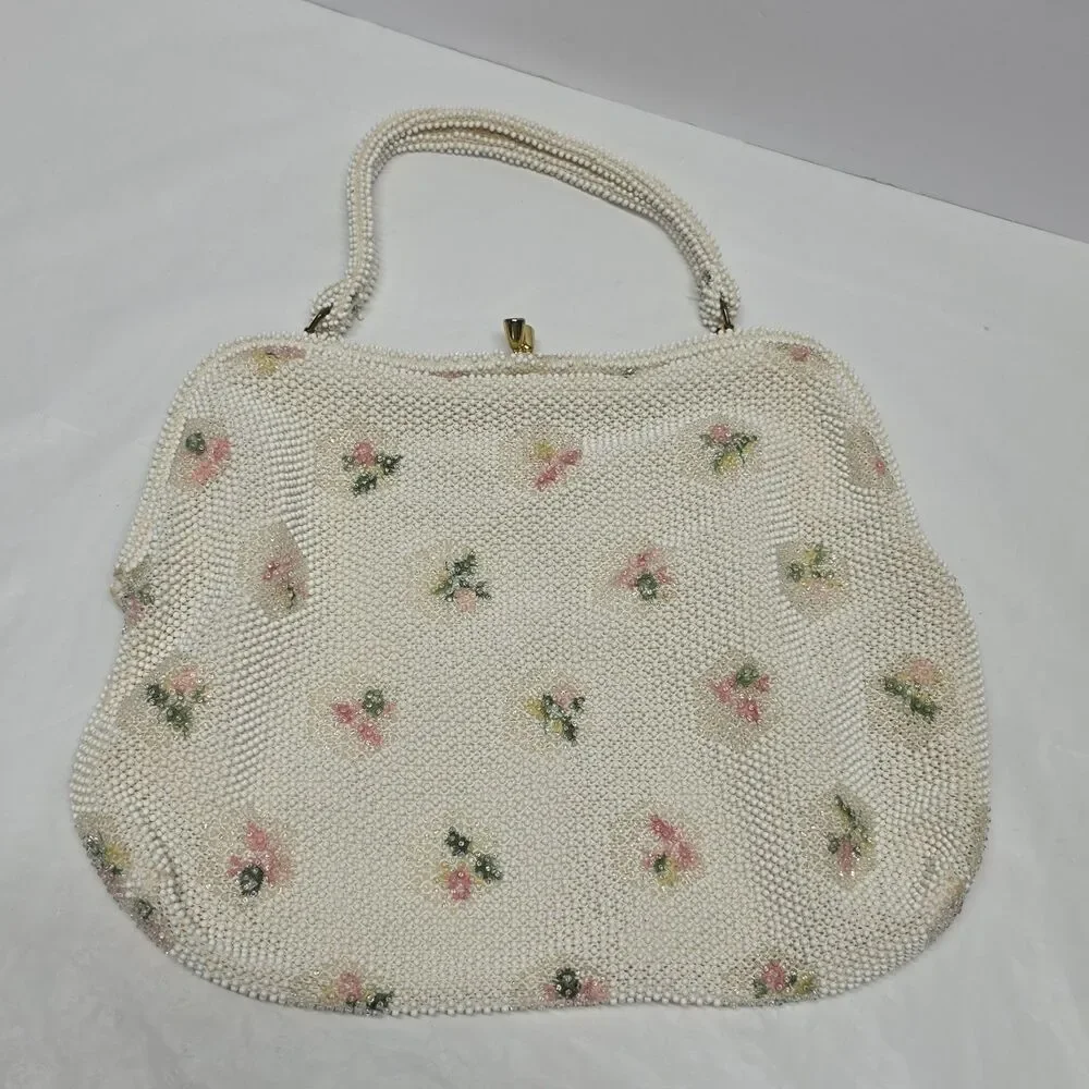 Vintage 1950s White Cream Hand Beaded Pink Green Flowers Purse Bag By Lumured